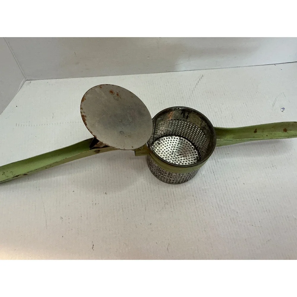 Vintage Potato Ricer Green Metal Hand Press Fruit Masher Farmhouse